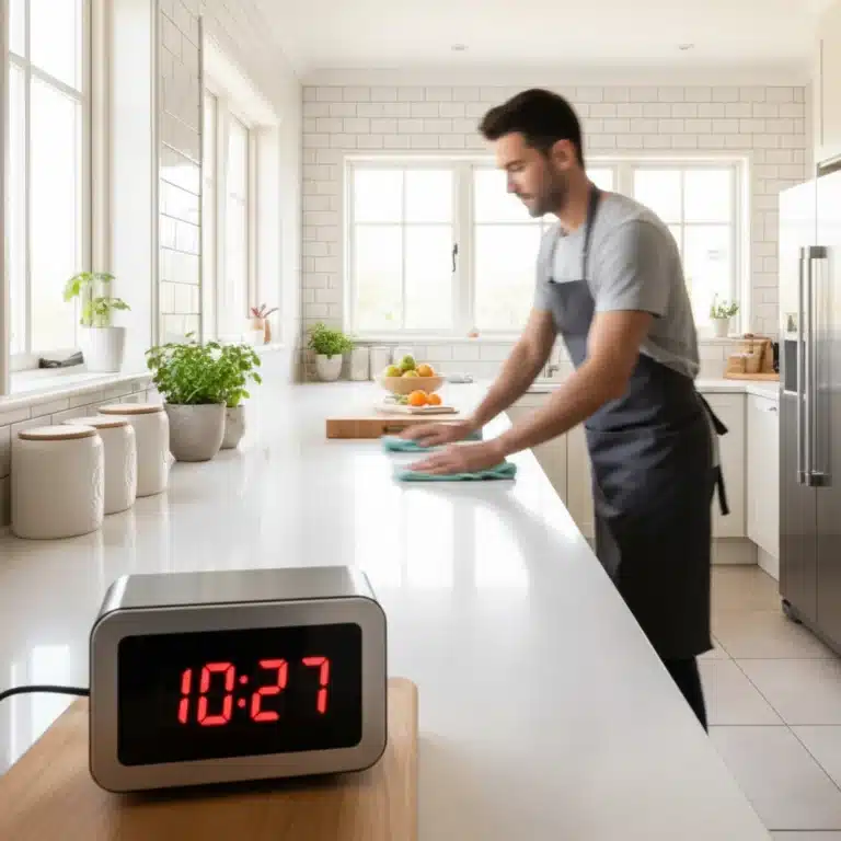 Person quickly wiping kitchen counter, illustrating efficient daily cleaning hacks.
