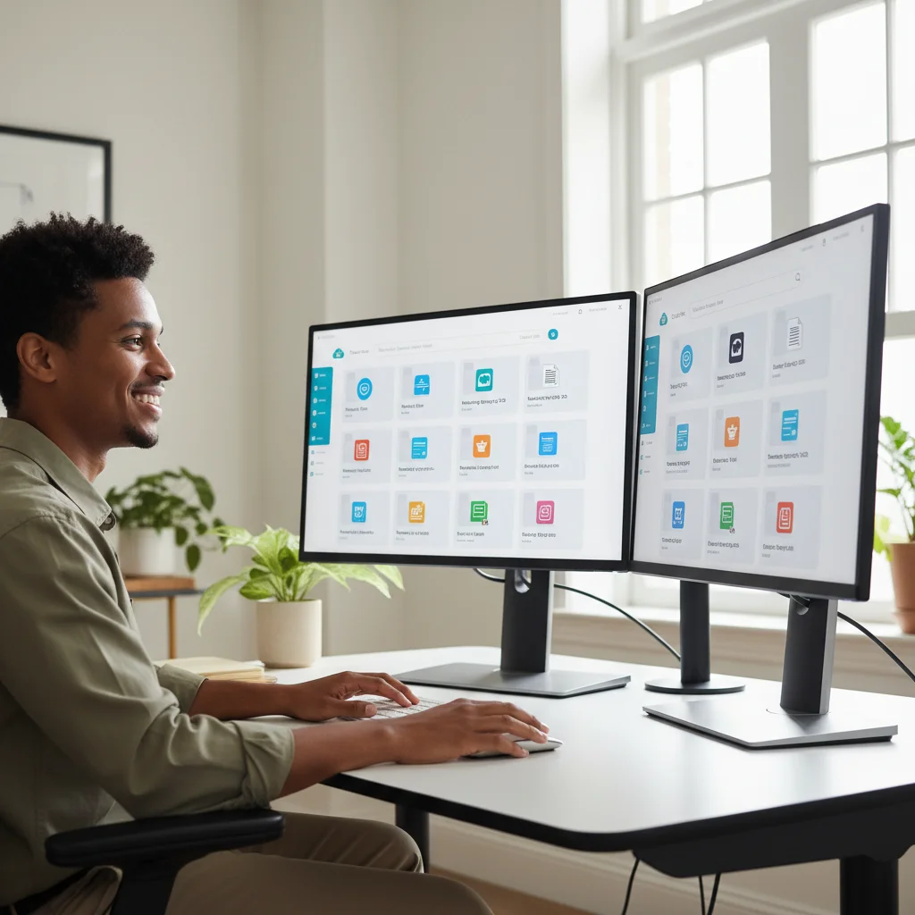 Person efficiently managing digital files with cloud storage interface