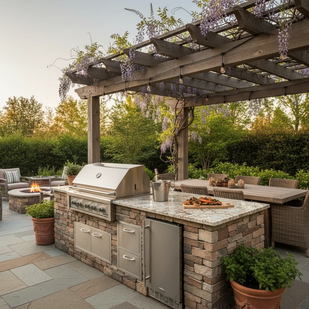 Elegant outdoor kitchen with grill and stone accents.