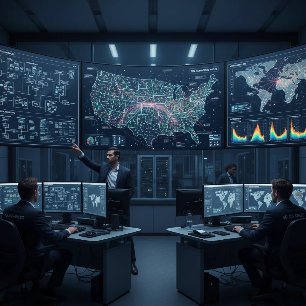 Network engineers monitoring 5G Advanced infrastructure deployment in a control room.