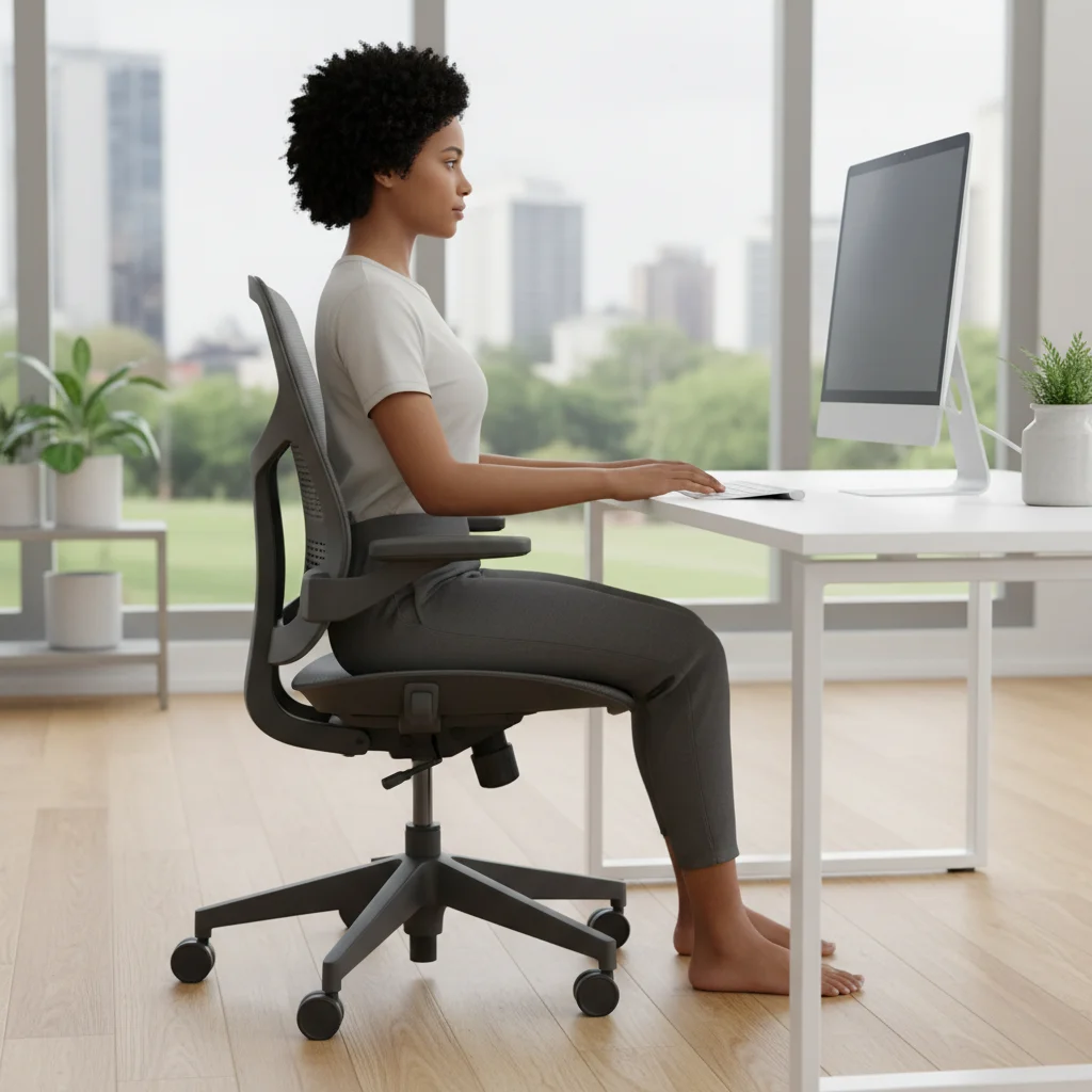 Individual sitting with correct ergonomic posture on an adjustable office chair