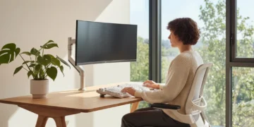 Ergonomic home office setup with monitor arm and keyboard for improved posture