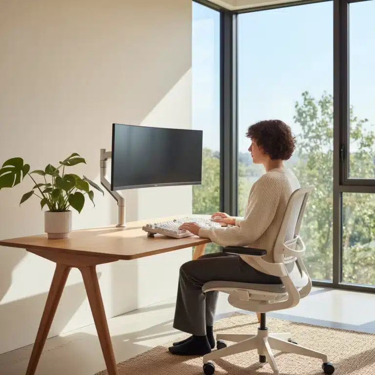 Ergonomic home office setup with monitor arm and keyboard for improved posture
