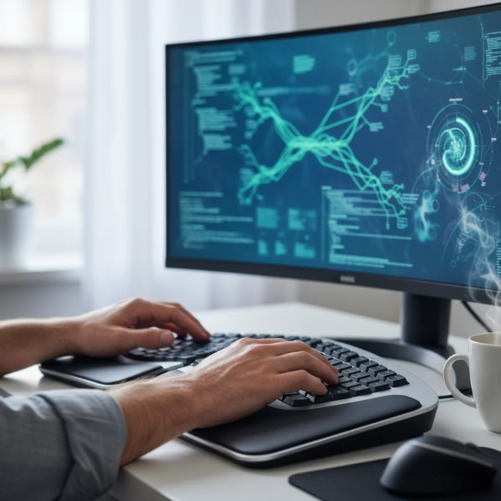 Hands typing on an ergonomic keyboard with a high-resolution monitor