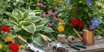 Essential gardening tools for beginners in a thriving US summer garden