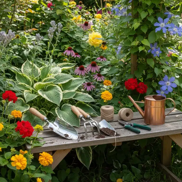 Essential gardening tools for beginners in a thriving US summer garden