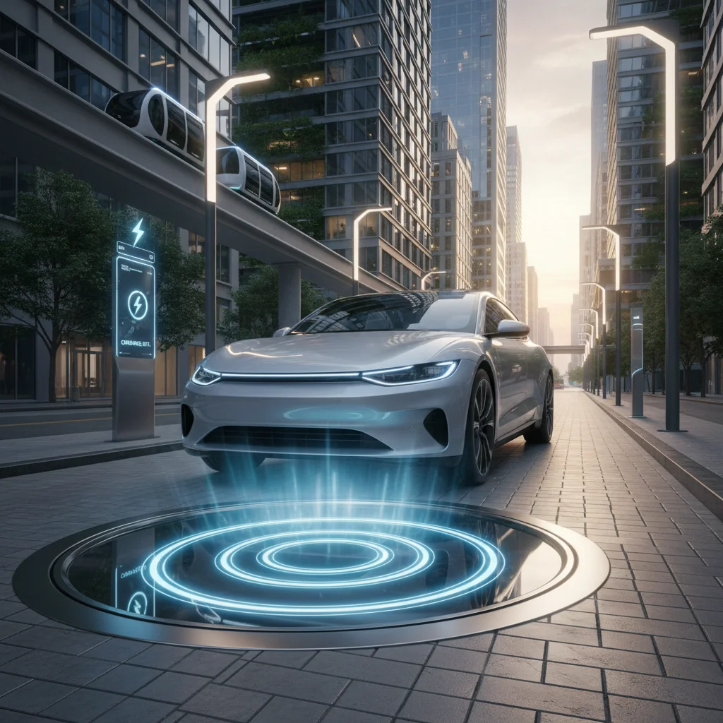 Electric vehicle wirelessly charging on an embedded pad in a smart city, showcasing future EV charging.
