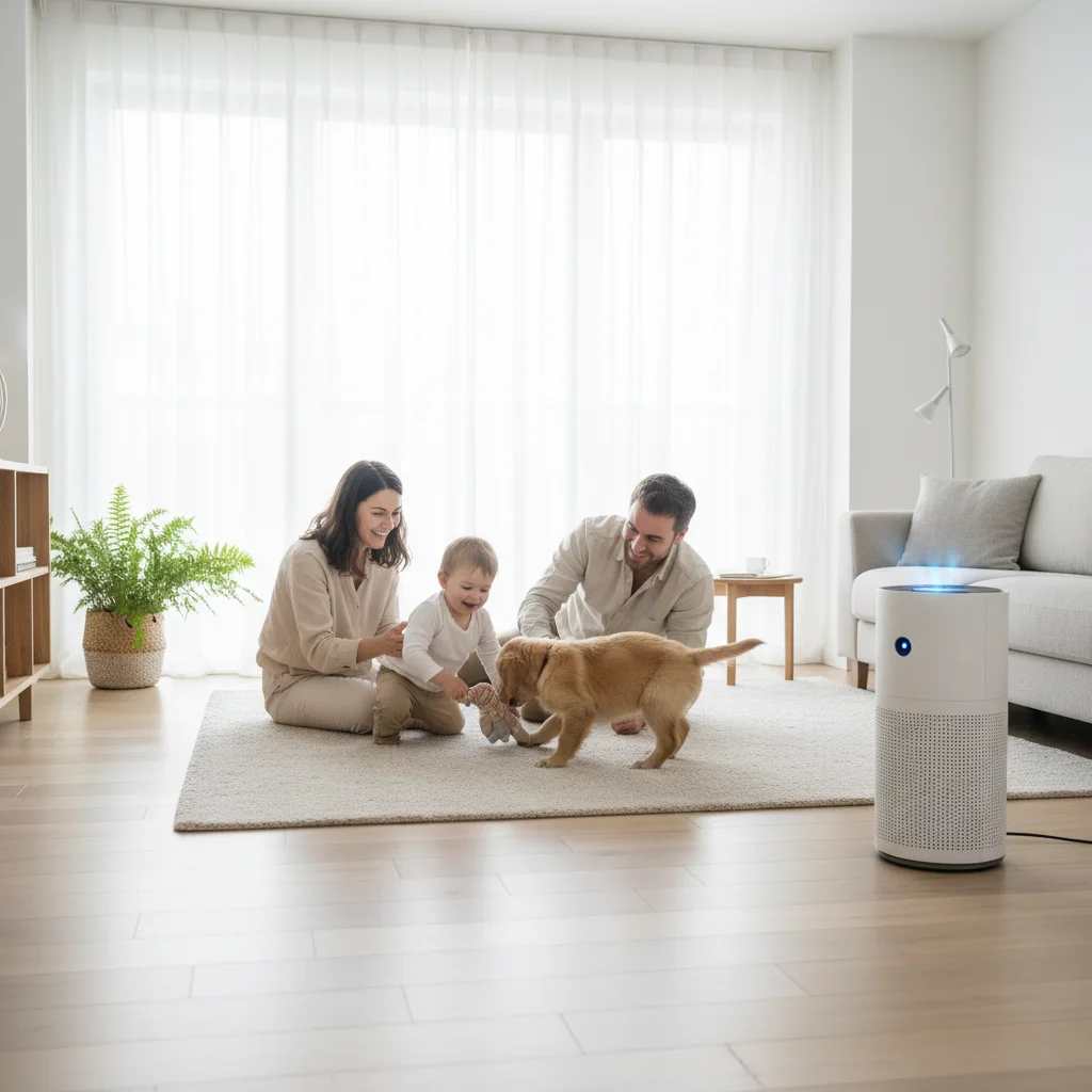 Happy family enjoying clean air in their living room with a subtle air purifier