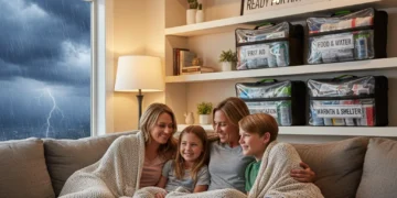 Family preparing for emergency with organized kits in their home