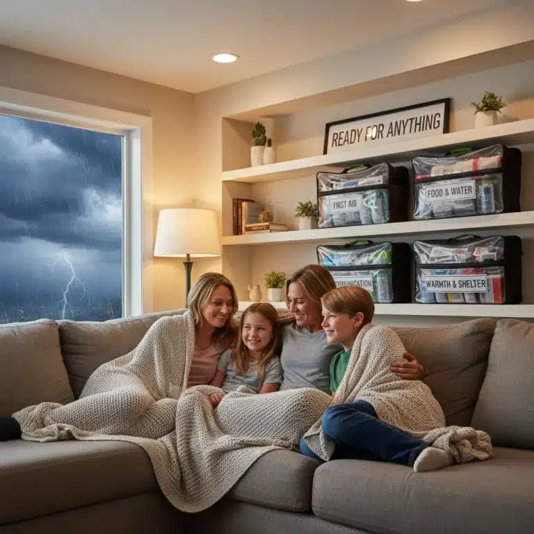 Family preparing for emergency with organized kits in their home