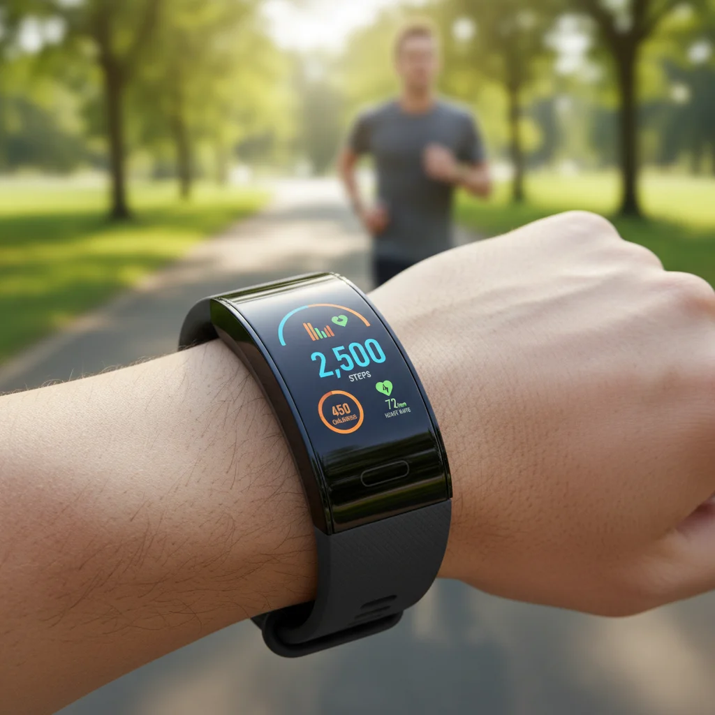 Close-up of a fitness tracker screen showing activity data during a jog.