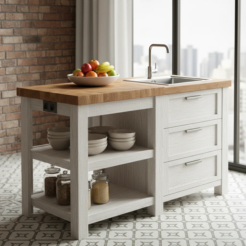 Compact kitchen island with integrated storage