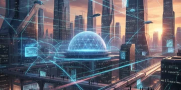 Decoding 5G Advanced: Maximize US Network Speeds by Q3 2026 Futuristic cityscape with glowing lines symbolizing 5G Advanced network speeds in the US.