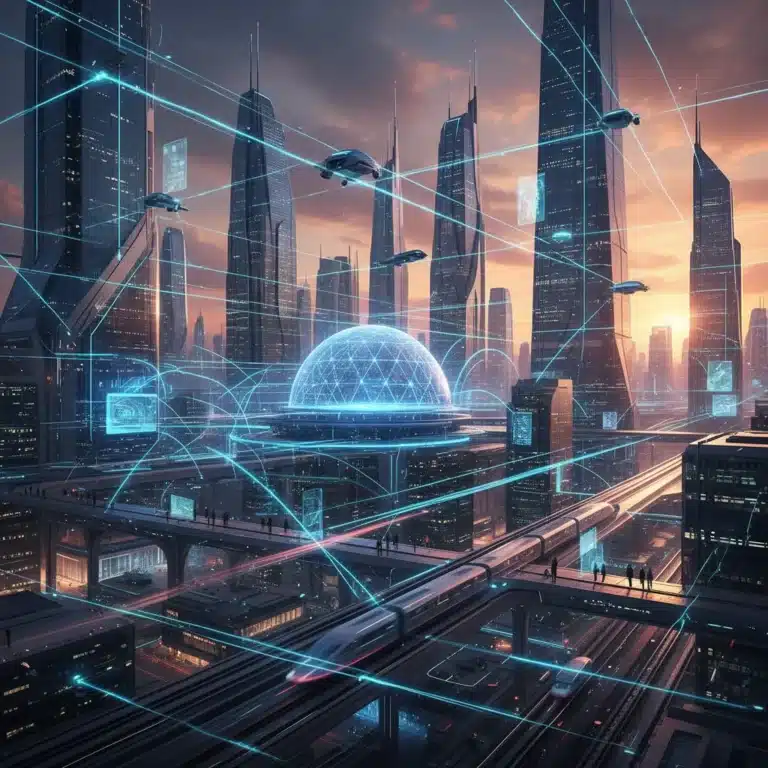 Futuristic cityscape with glowing lines symbolizing 5G Advanced network speeds in the US.