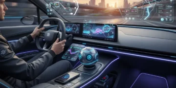 Futuristic car interior with advanced displays and smart gadgets, representing trending car accessories for 2026.