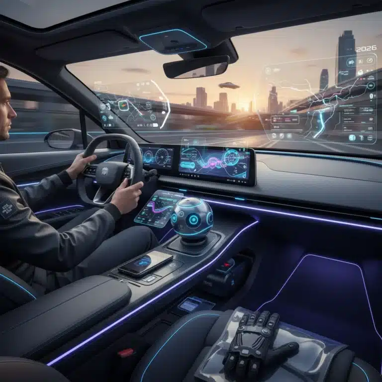 Futuristic car interior with advanced displays and smart gadgets, representing trending car accessories for 2026.