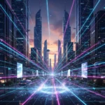 Futuristic city with data lines illustrating edge computing data flow