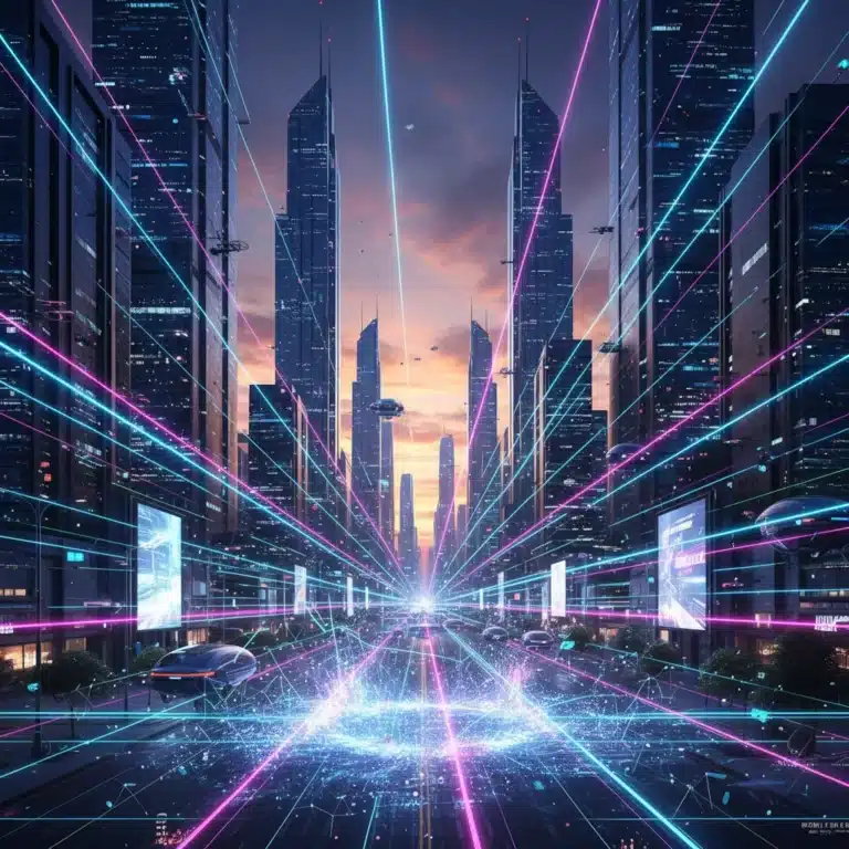 Futuristic city with data lines illustrating edge computing data flow