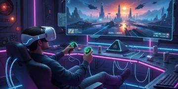 Futuristic gamer with VR headset and haptic controllers, next-gen gaming experience.