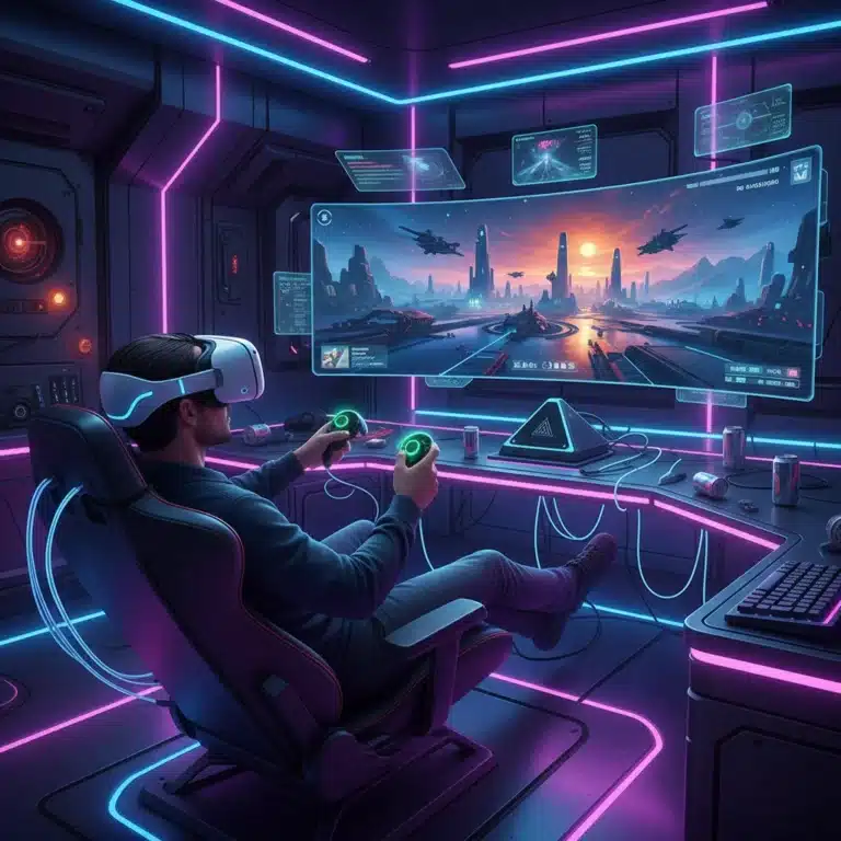 Futuristic gamer with VR headset and haptic controllers, next-gen gaming experience.