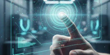 Futuristic hand interacting with haptic interface