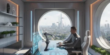Futuristic home office with holographic display and smart chair for remote work.