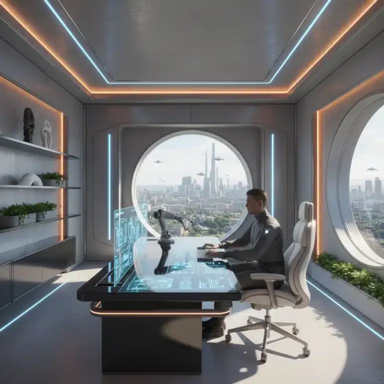 Futuristic home office with holographic display and smart chair for remote work.