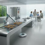 Advanced Home Robotics: 3 US Innovations for Easier Chores in 2026 Futuristic kitchen with robotic arm baking and robot vacuum cleaning, showcasing advanced home robotics.
