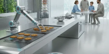 Futuristic kitchen with robotic arm baking and robot vacuum cleaning, showcasing advanced home robotics.