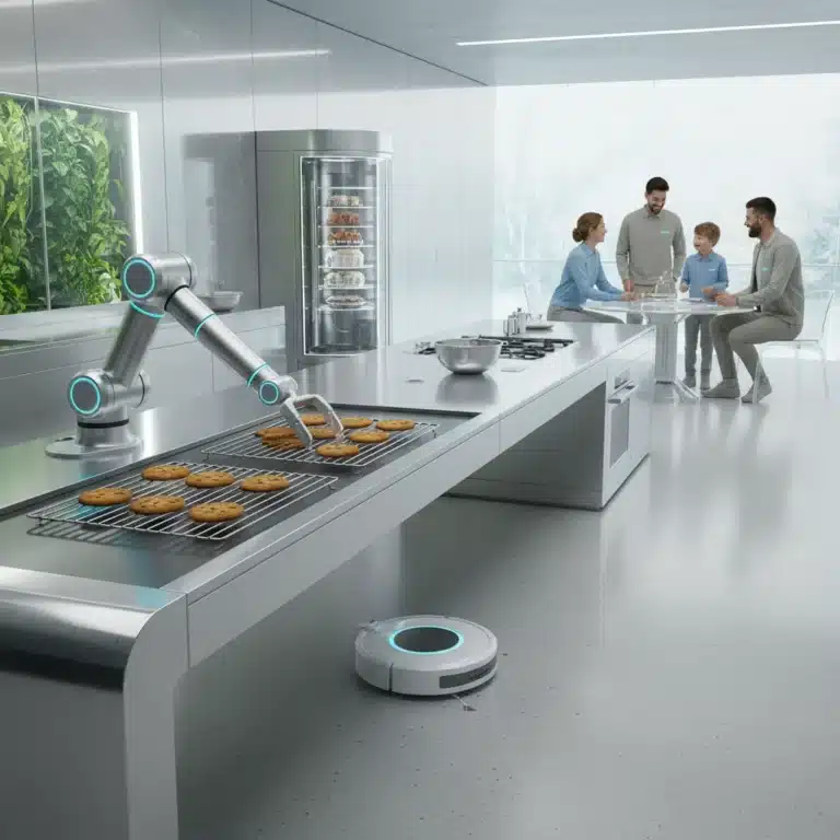 Futuristic kitchen with robotic arm baking and robot vacuum cleaning, showcasing advanced home robotics.