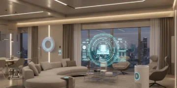 Futuristic smart home living room with integrated AI gadgets