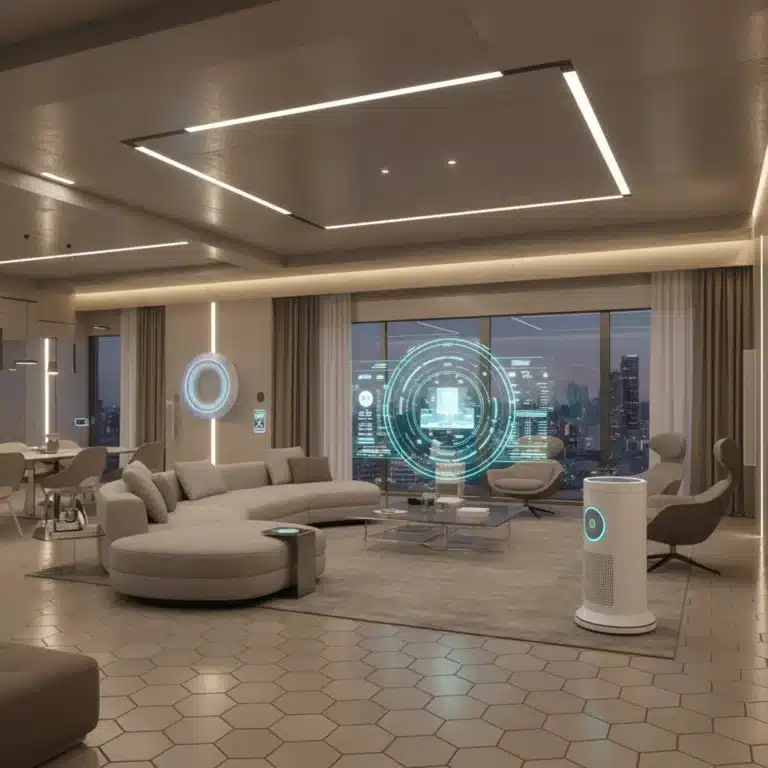 Futuristic smart home living room with integrated AI gadgets