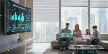 Futuristic smart home living room with integrated smart devices and a family enjoying the technology.