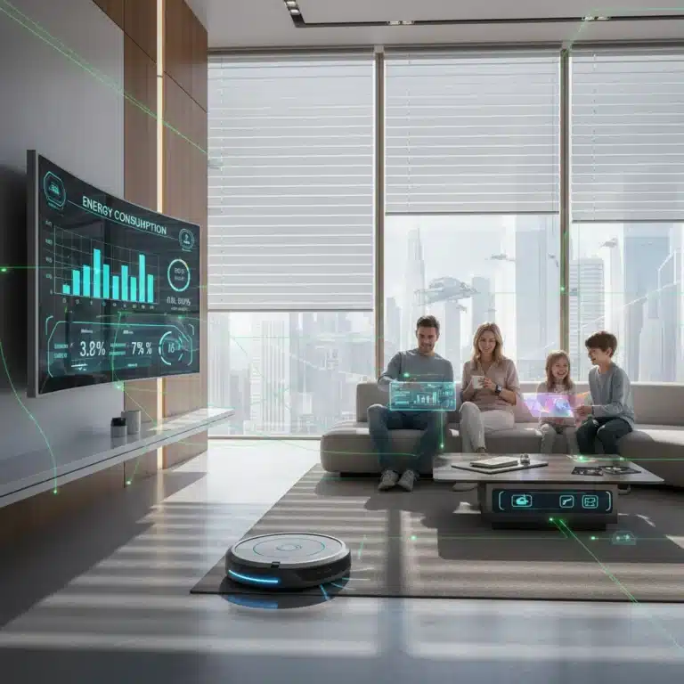 Futuristic smart home living room with integrated smart devices and a family enjoying the technology.
