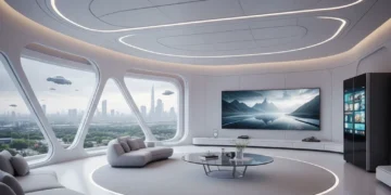 Home Automation 2026: US Market Trends & Integrated Smart Systems Futuristic smart home living room with integrated technology