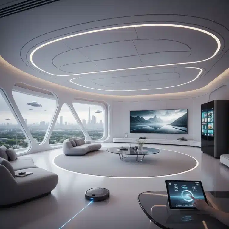 Futuristic smart home living room with integrated technology