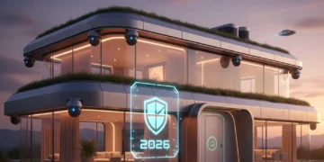 Futuristic smart home with advanced security cameras and smart lighting at dusk.