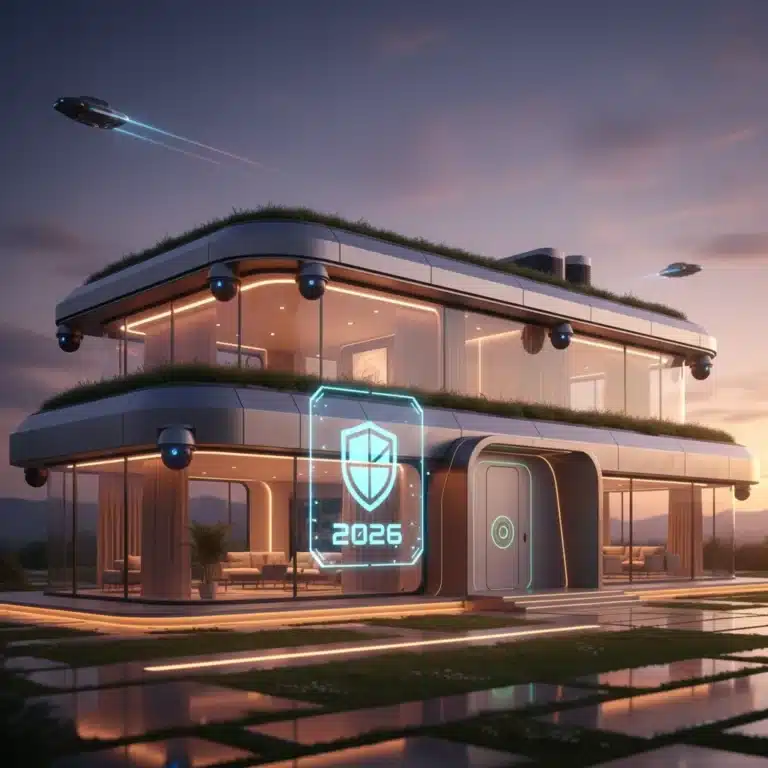Futuristic smart home with advanced security cameras and smart lighting at dusk.