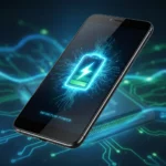 Futuristic smartphone with glowing battery icon representing advanced battery technology for extended US gadget longevity.