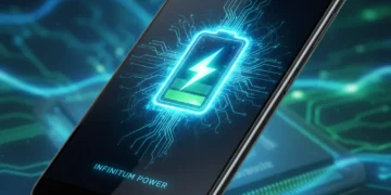 Futuristic smartphone with glowing battery icon representing advanced battery technology for extended US gadget longevity.