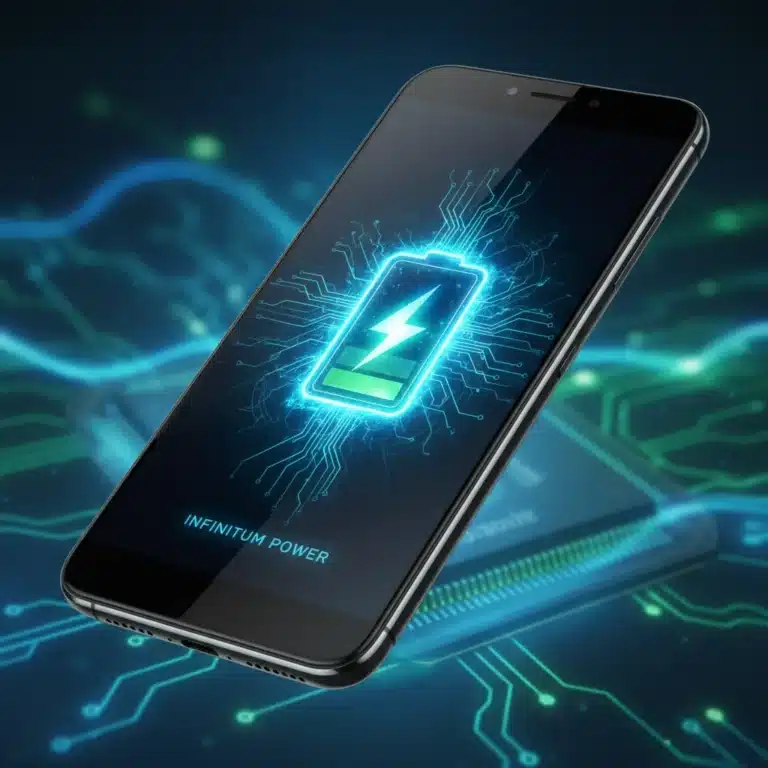 Futuristic smartphone with glowing battery icon representing advanced battery technology for extended US gadget longevity.