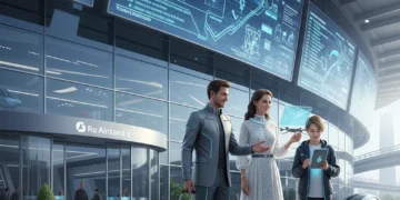 Futuristic family with smart luggage and travel gadgets at a modern airport