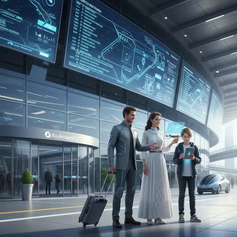 Futuristic family with smart luggage and travel gadgets at a modern airport