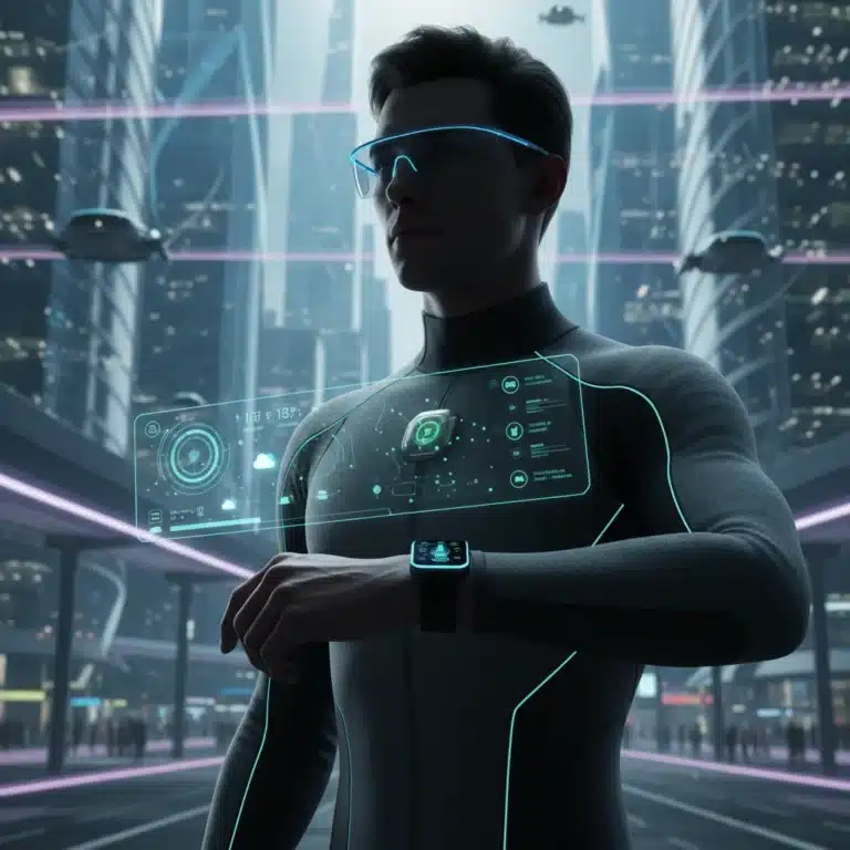Futuristic wearable technology devices in a dynamic urban setting, representing innovation and market growth.