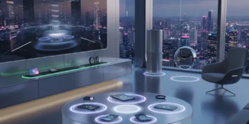 Futuristic living room with multiple devices wirelessly charging on sleek surfaces, representing Wireless Charging 2.0.