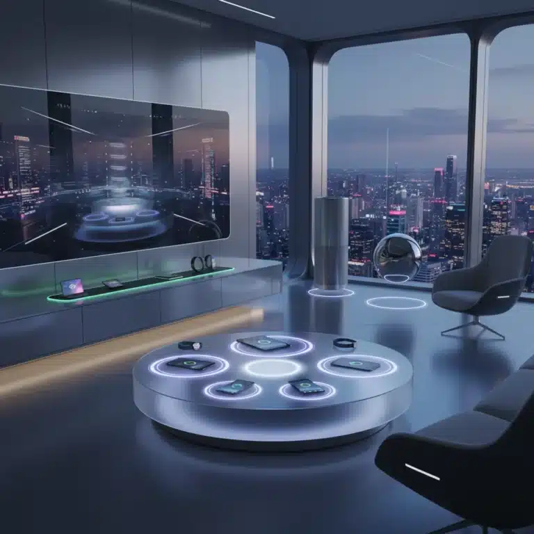Futuristic living room with multiple devices wirelessly charging on sleek surfaces, representing Wireless Charging 2.0.