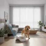 Golden retriever with smart pet gadgets in a modern home