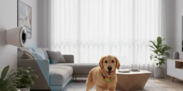 Golden retriever with smart pet gadgets in a modern home
