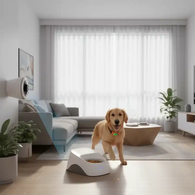 Golden retriever with smart pet gadgets in a modern home