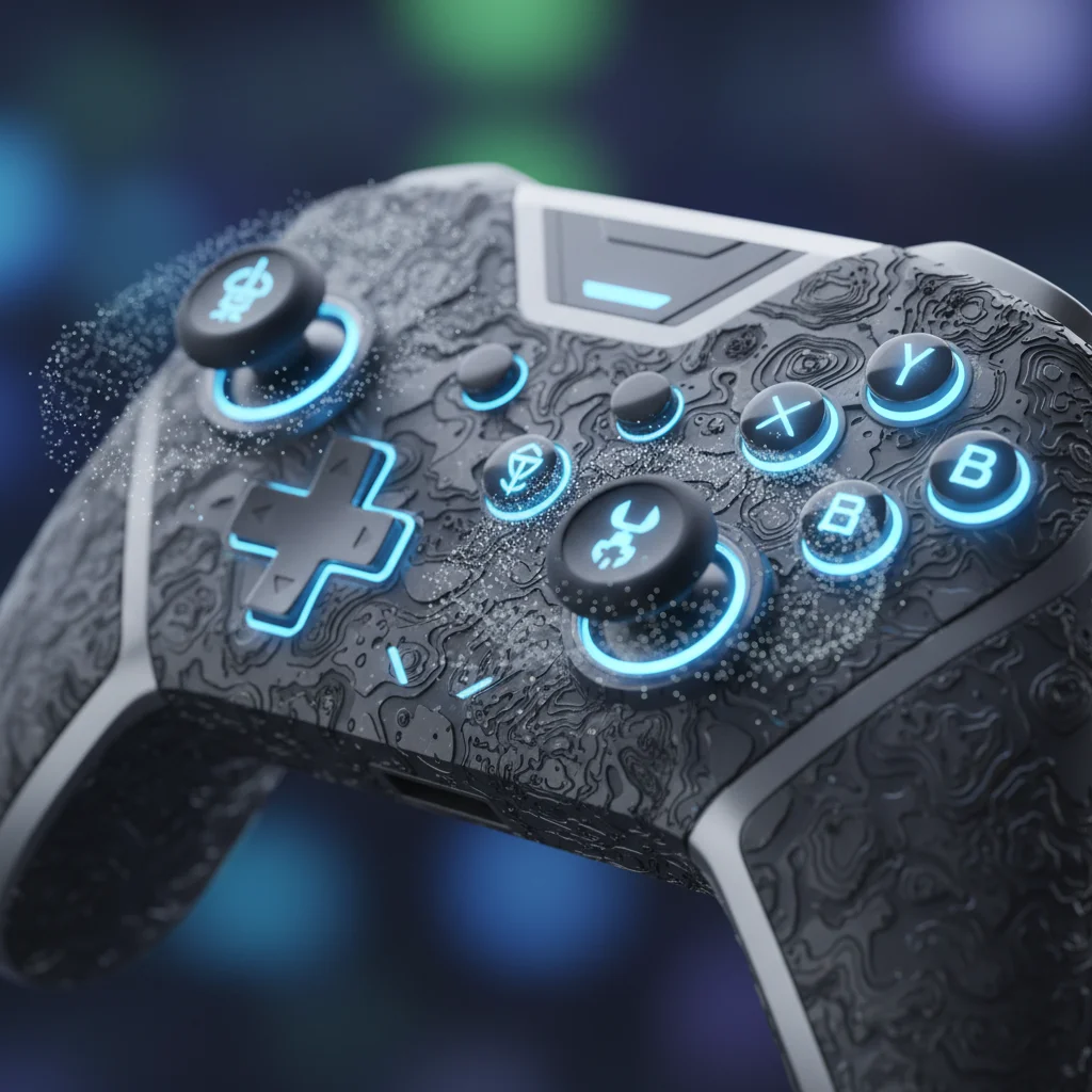 Detailed view of an advanced haptic feedback gaming controller with illuminated buttons.